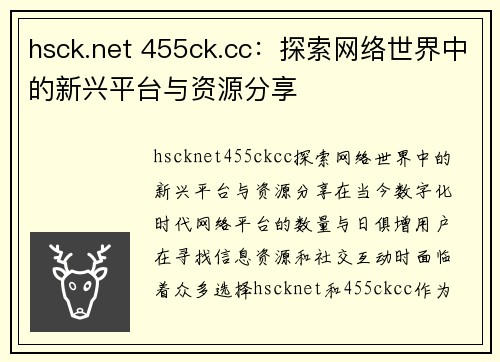 hsck.net 455ck.cc：探索网络世界中的新兴平台与资源分享